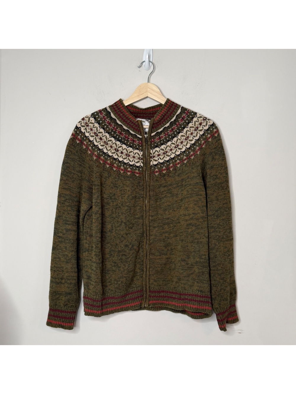 Vintage Tiara Fair Isle Zip cardigan olive green